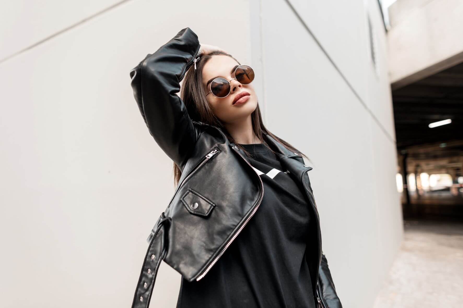 woman in leather jacket