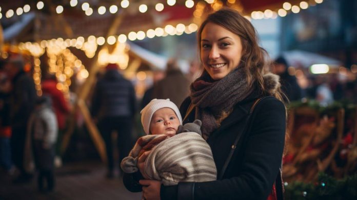 new mum takes newborn baby to christmas market