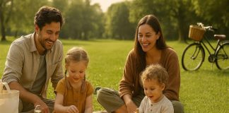 Eco-conscious family having a picnic lunch with reusable containers on a low-waste day