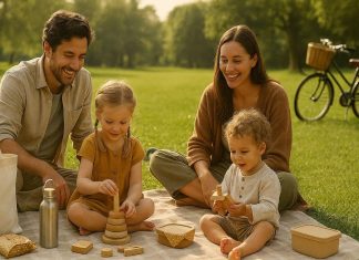 Eco-conscious family having a picnic lunch with reusable containers on a low-waste day