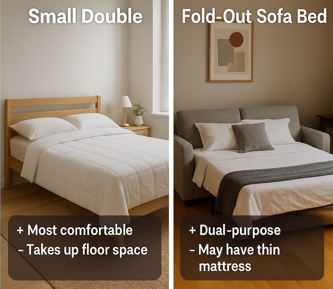 Comparison of a small double bed, and fold-out sofa bed with pros and cons for small guest rooms