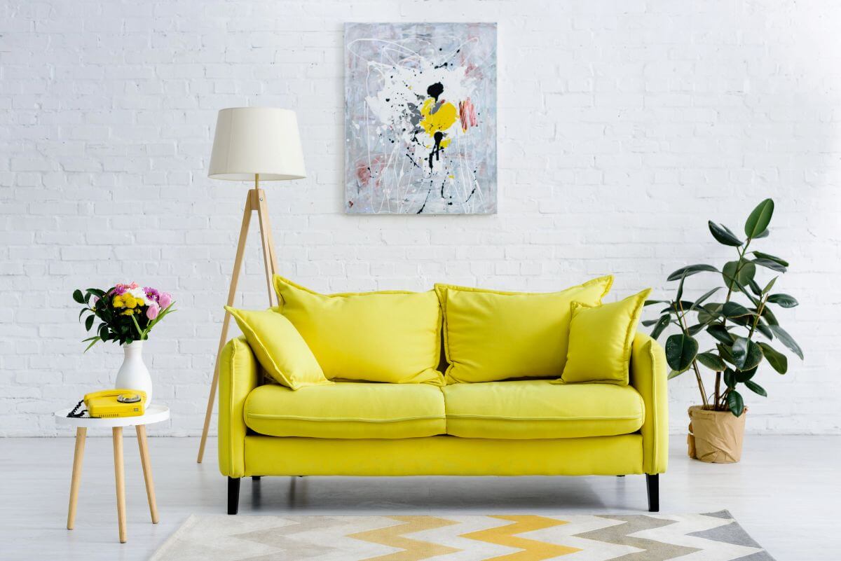 british living room with colourful sofa