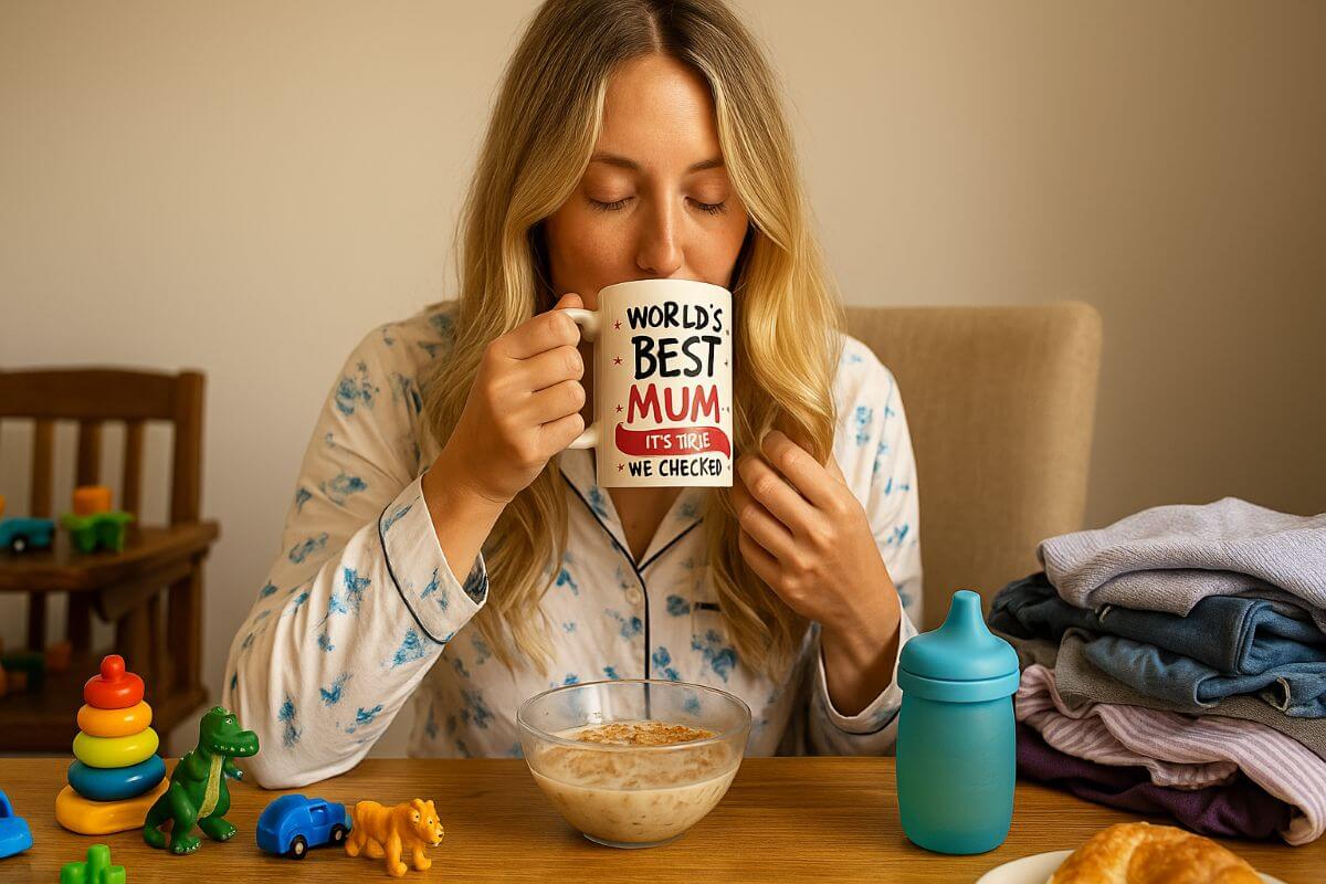 Tired mum holding a coffee cup in a cluttered family kitchen