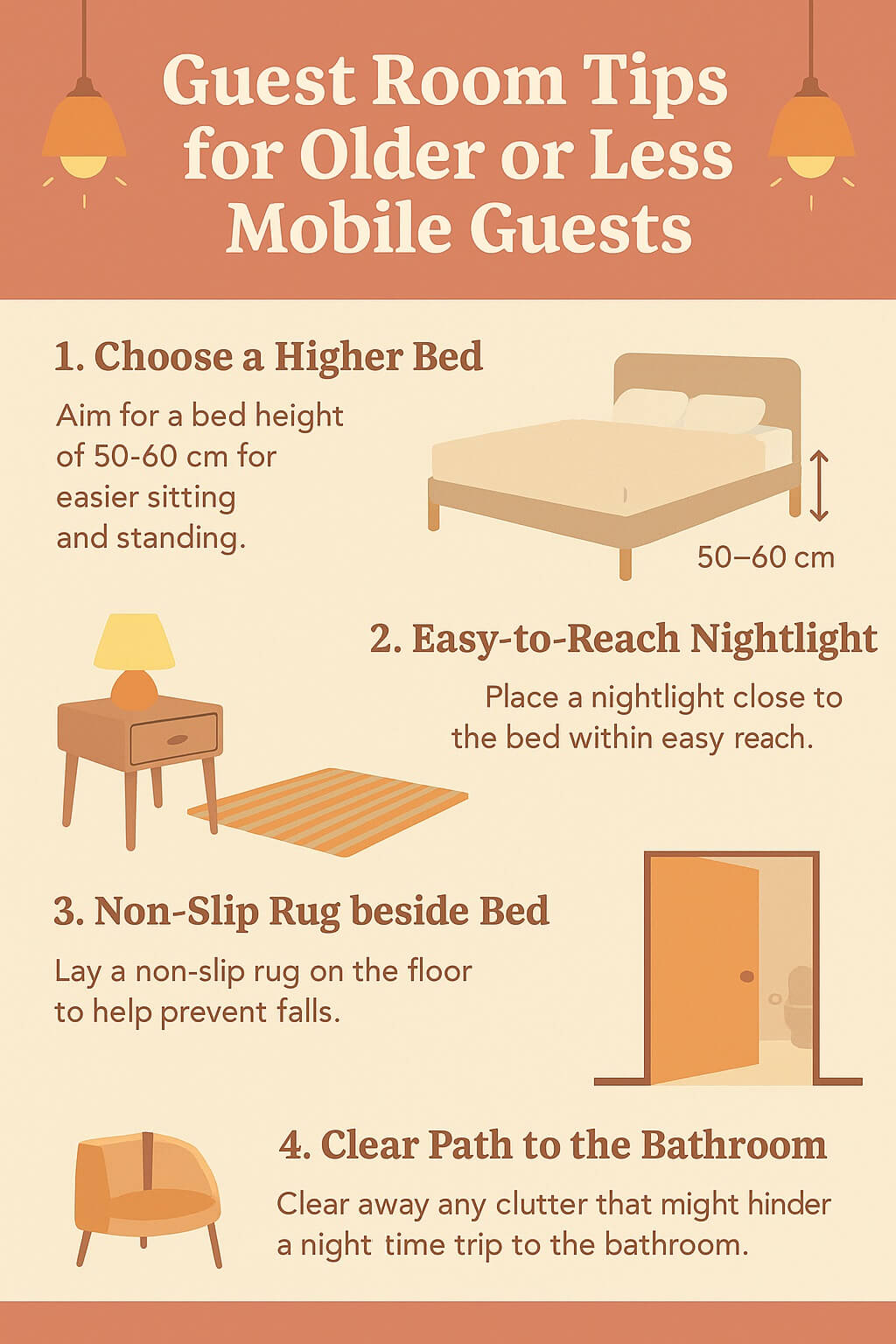 Infographic showing guest bedroom tips for older visitors, including bed height, nightlight placement, and clutter-free walkways