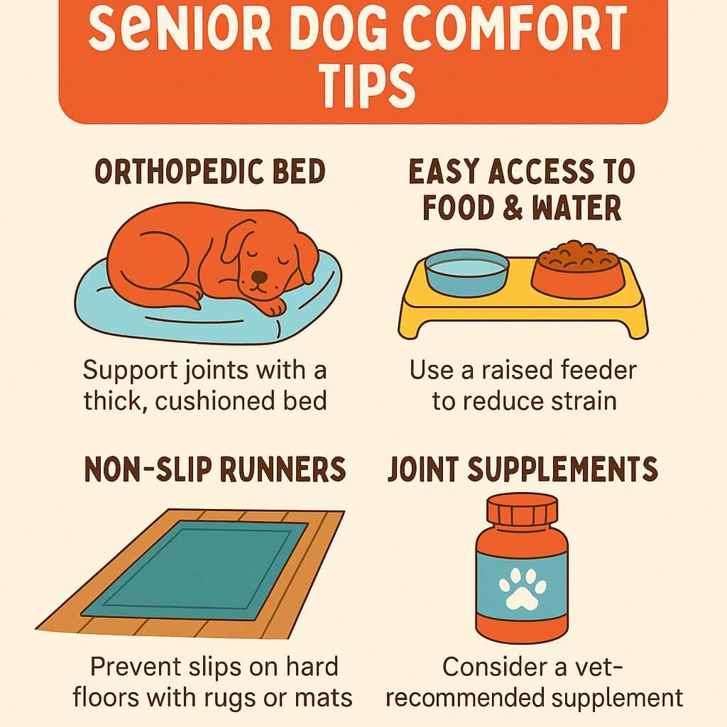 Infographic showing senior dog comfort and care tips