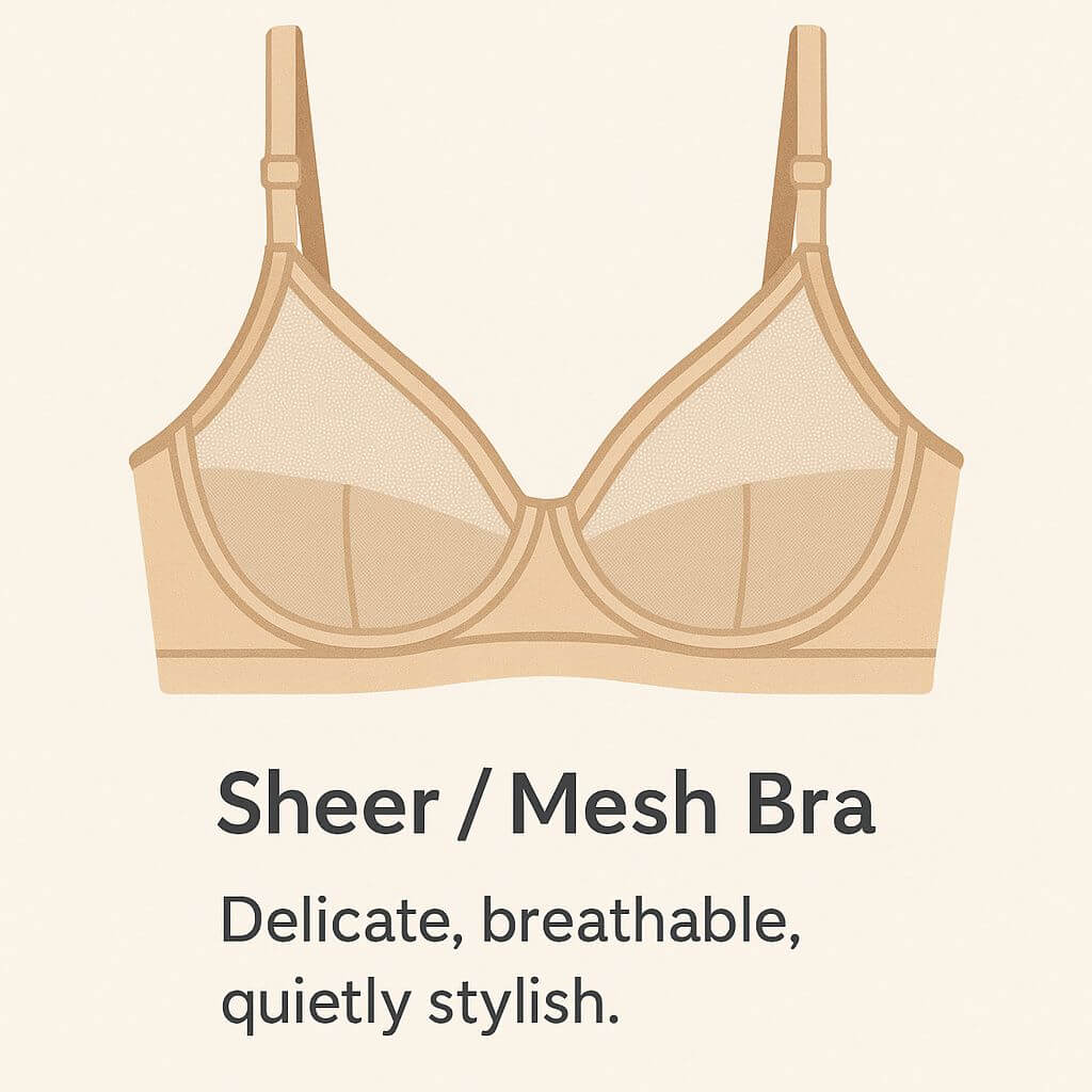 Flat illustration of a sheer mesh bra with breathable panels