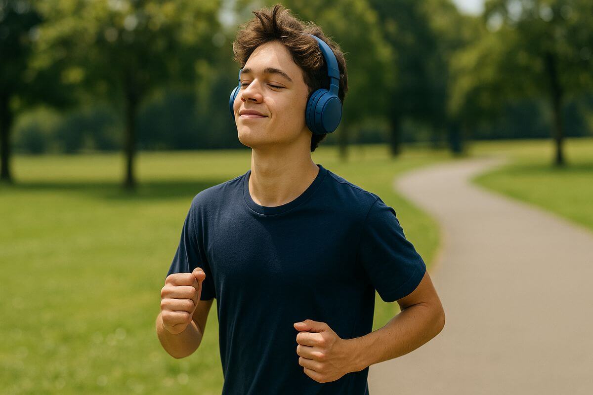 Teenager jogging outdoors with headphones, balancing IGCSE revision with exercise and relaxation