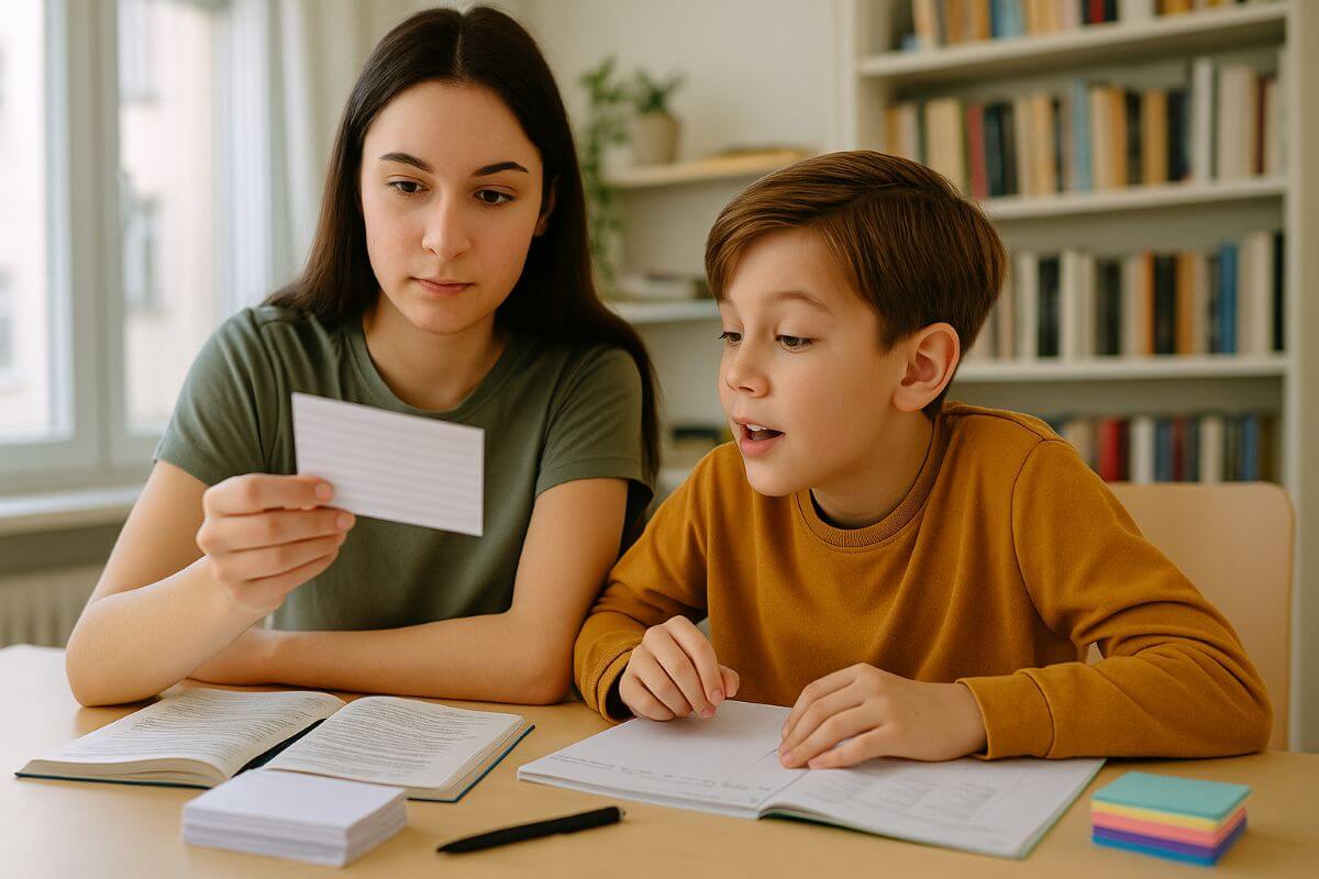 Teen revising with flashcards and past papers, practising active recall for IGCSE exams