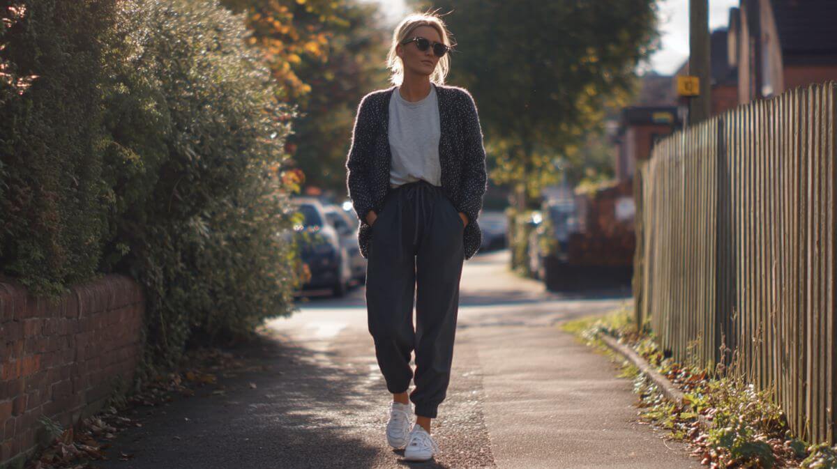 Mum in trainers, joggers, and layered knitwear walking with shopping bags near the school run