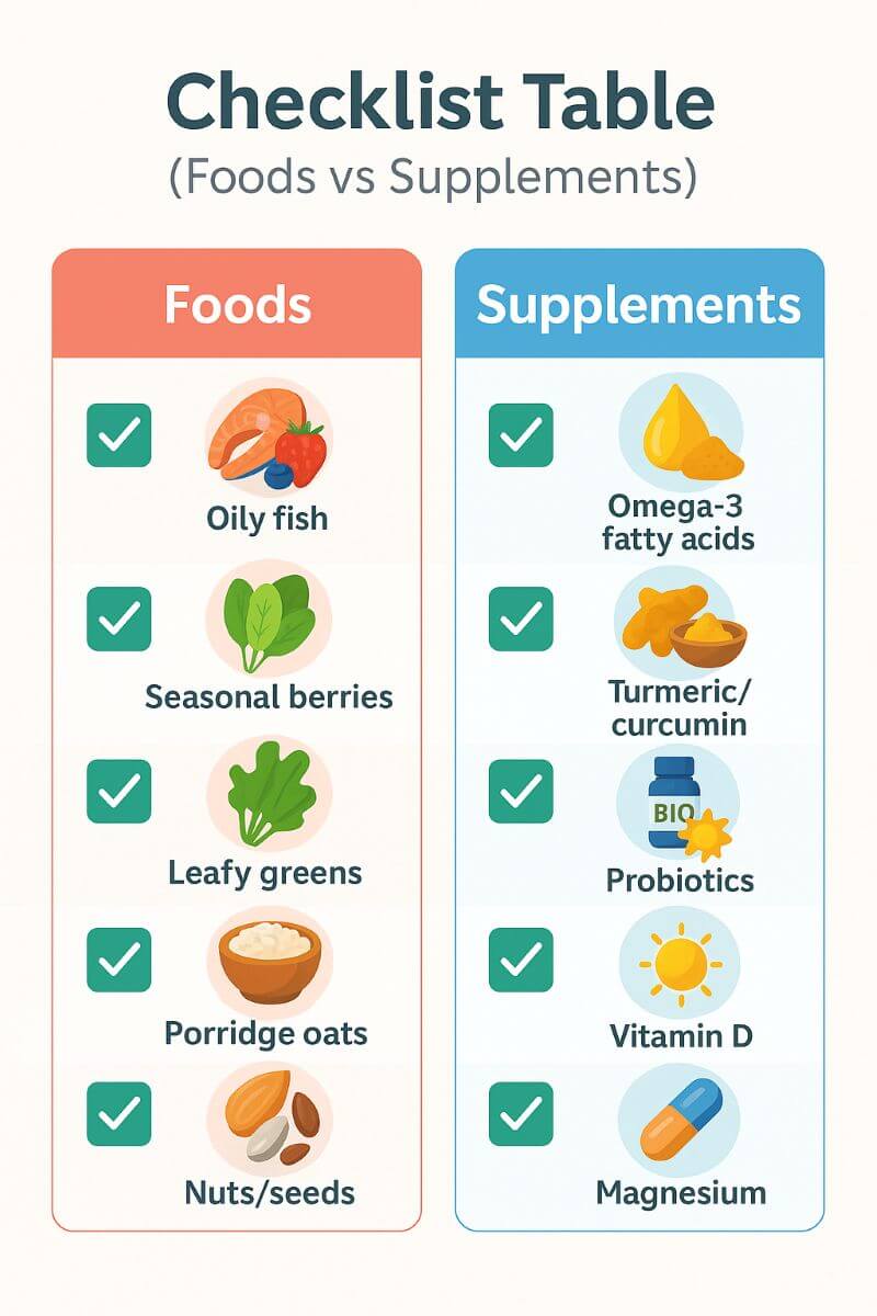 Comparison of anti-inflammatory foods and supplements, including oily fish, berries, omega-3, turmeric, and probiotics
