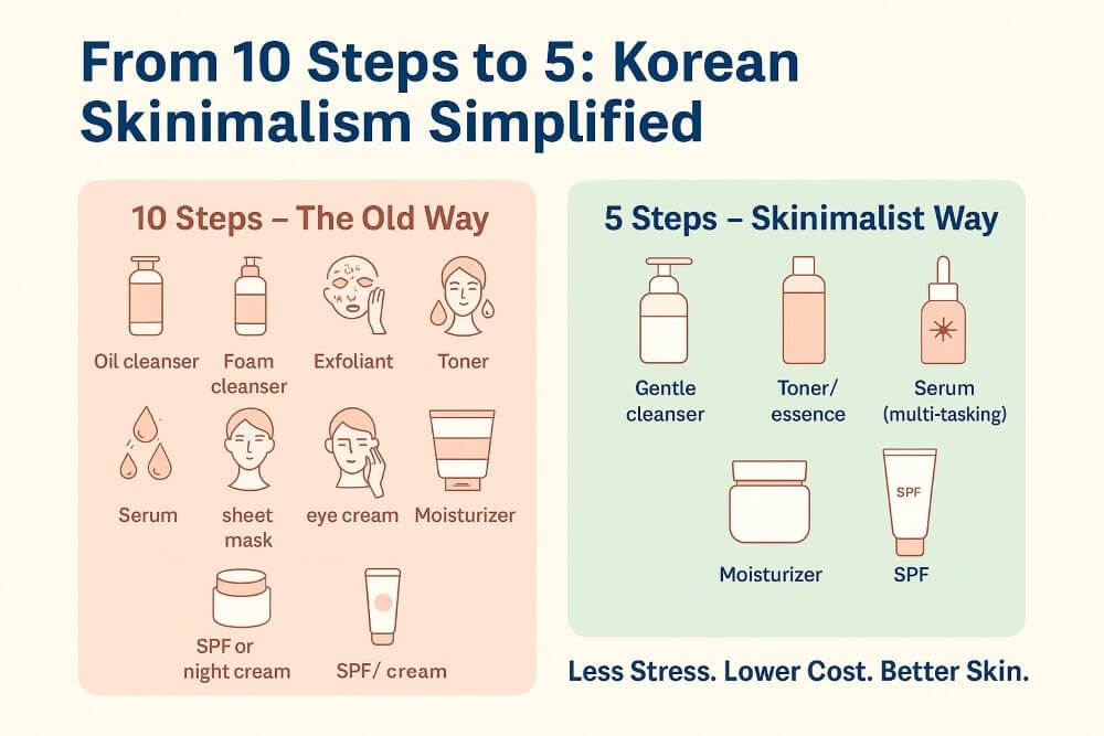 Infographic comparing the traditional 10-step Korean skincare routine with the simplified 5-step skinimalism routine, showing how fewer products can still deliver healthy skin