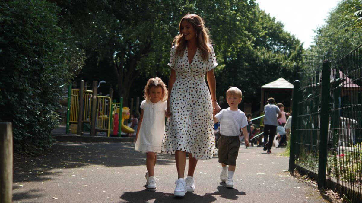 Stylish mum wearing a patterned midi dress and trainers with children in a play park