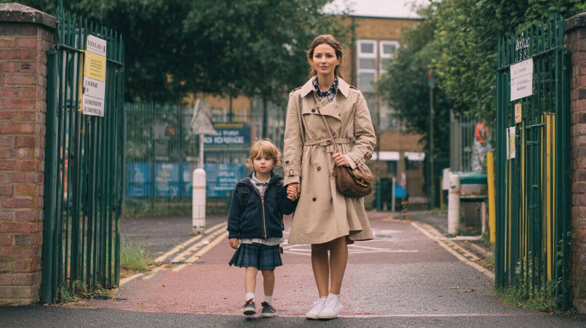 Mum wearing a beige trench coat and crossbody bag while waiting at the school gates