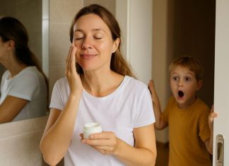 Mum applying moisturiser in the bathroom while her child interrupts, showing the reality of fitting skincare into busy family life
