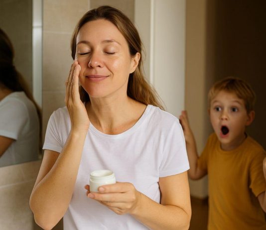 Mum applying moisturiser in the bathroom while her child interrupts, showing the reality of fitting skincare into busy family life