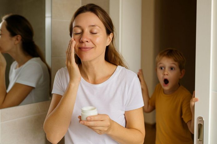 mum trying to do skincare routine with child bothering her Mum applying moisturiser in the bathroom while her child interrupts, showing the reality of fitting skincare into busy family life