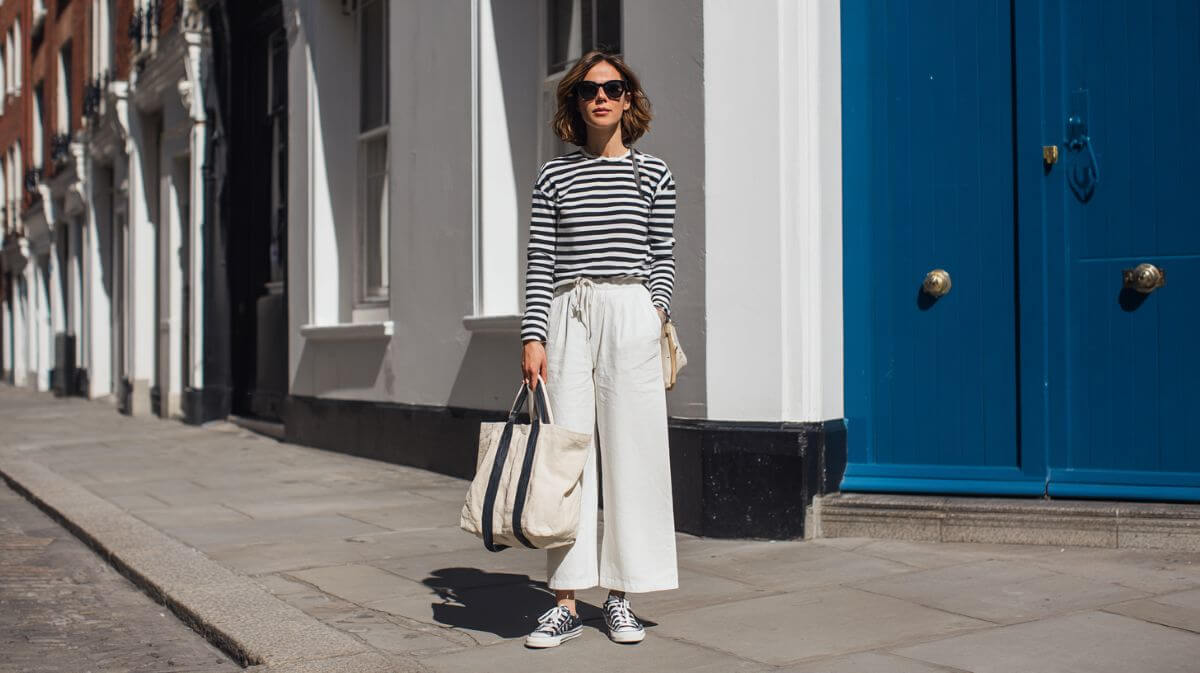 Stylish mum in wide-leg white trousers, Breton T-shirt, on UK high street