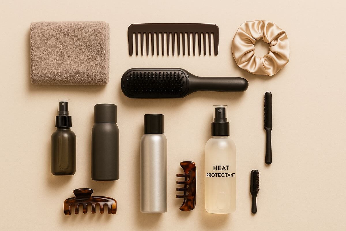 Microfibre towel wide tooth comb straightener brush silk scrunchie mister dry shampoo heat protectant claw clip flyaway brush