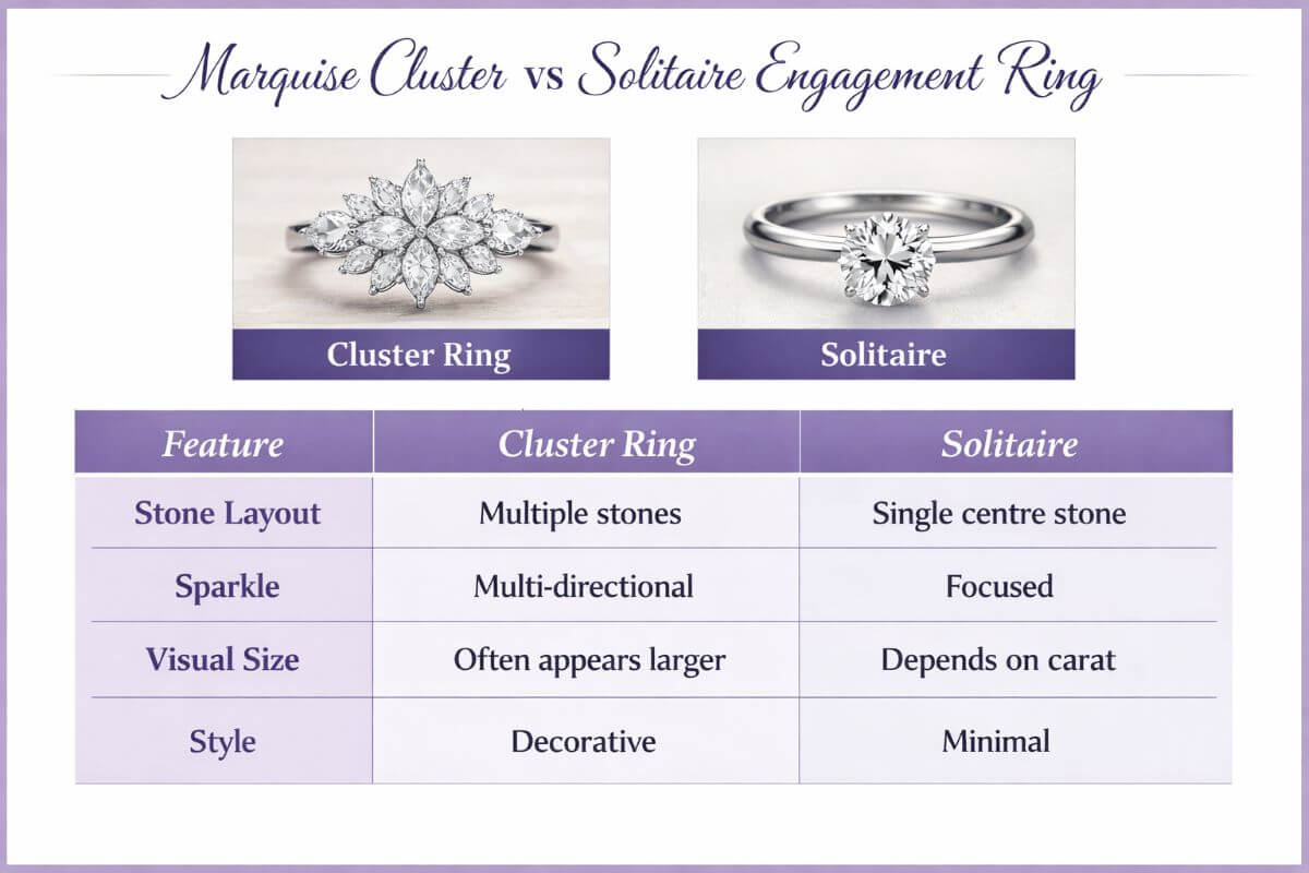marquise cluster vs solitaire engagement ring