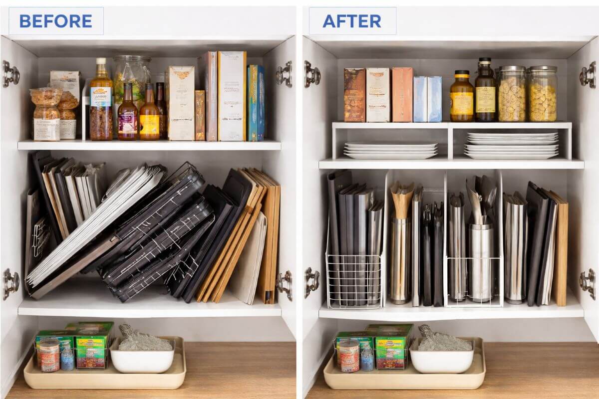 Kitchen cupboard before and after organisation with trays and containers