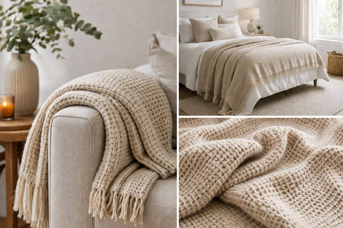 Soft beige knitted throw folded on armchair in modern living room