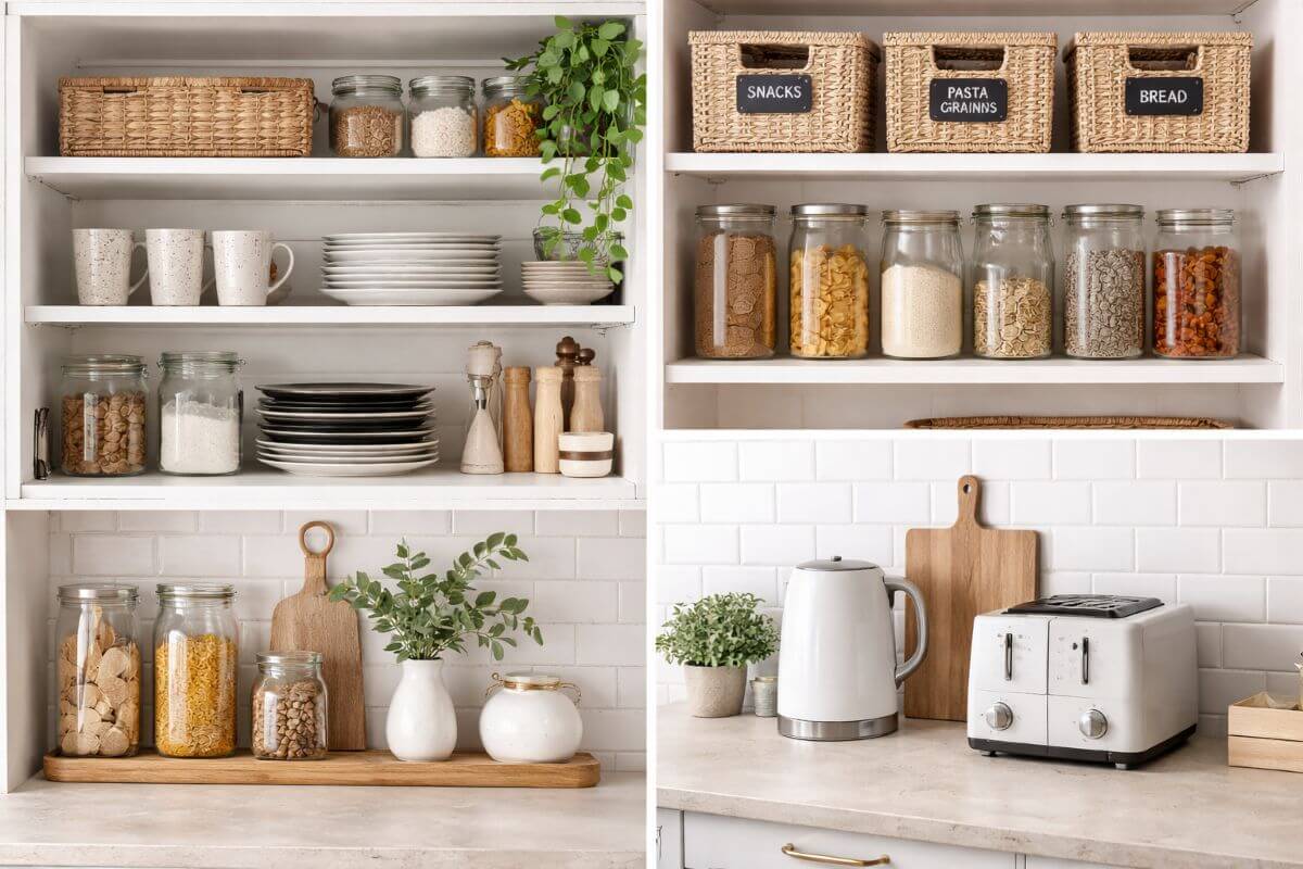 Open kitchen shelves with jars baskets and organised tableware