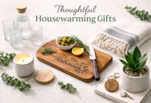 6 Useful Housewarming Gift Ideas People Actually Want Thoughtful housewarming gifts including glassware candle chopping board and plant