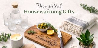 Thoughtful housewarming gifts including glassware candle chopping board and plant