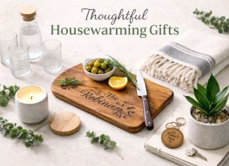 Thoughtful housewarming gifts including glassware candle chopping board and plant