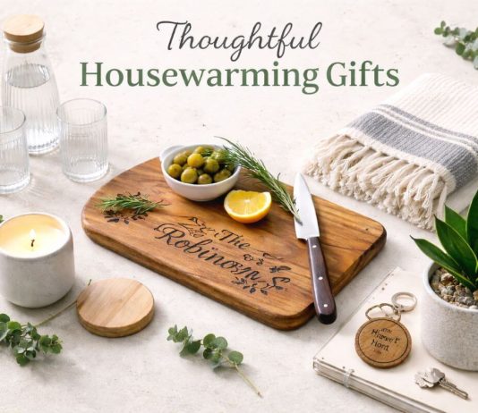Thoughtful housewarming gifts including glassware candle chopping board and plant