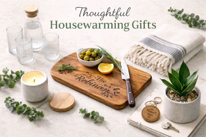 thoughtful housewarming gifts Thoughtful housewarming gifts including glassware candle chopping board and plant