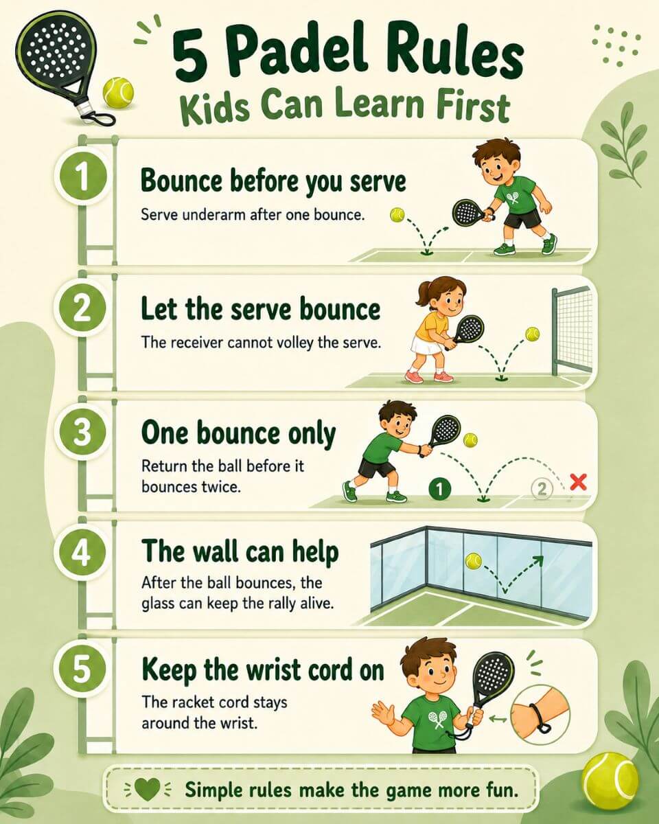 Infographic showing five beginner padel rules for children, including the underarm serve, return bounce, one-bounce rule, wall rebounds and wrist cord safety
