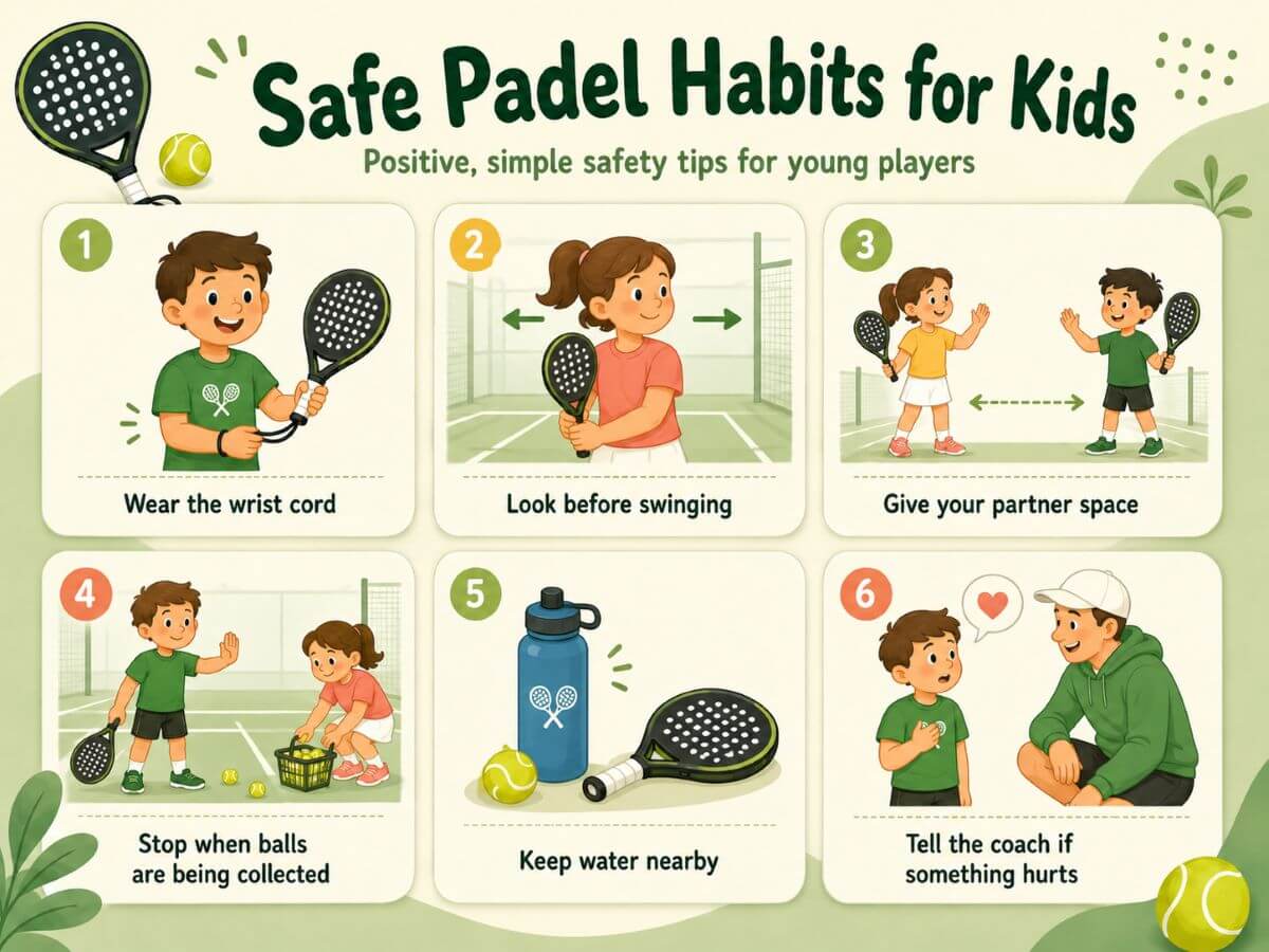 Child-friendly safety infographic for junior padel, showing wrist cord use, safe swinging space, ball collection, hydration and telling the coach about pain or discomfort