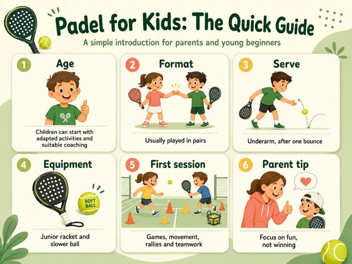 Infographic summarising padel for kids, including age readiness, doubles play, underarm serving, junior equipment and first-session expectation