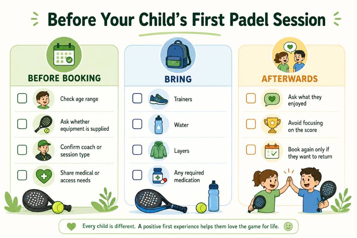 Parent checklist infographic for a child’s first padel session, covering what to check before booking, what to bring and what to ask afterwards