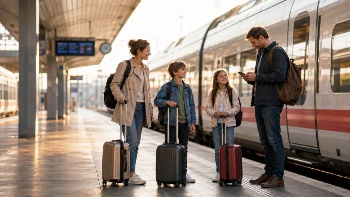 family travelling on trains in cities