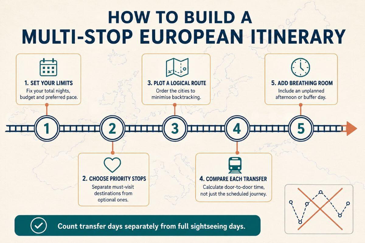 Five-step route-planning process covering trip limits, priority destinations, geographic order, transfers and buffer time
