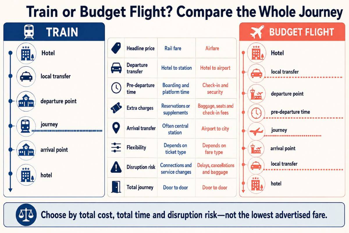Door-to-door comparison of train and budget-flight costs, waiting times, transfers, baggage charges and arrival locations