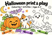 Free Halloween Colouring and Activities for Kids (Ages 4–7) Friendly Halloween pumpkin, cat, ghost and bats, partly coloured with crayons, for an ages 4–7 activity pack
